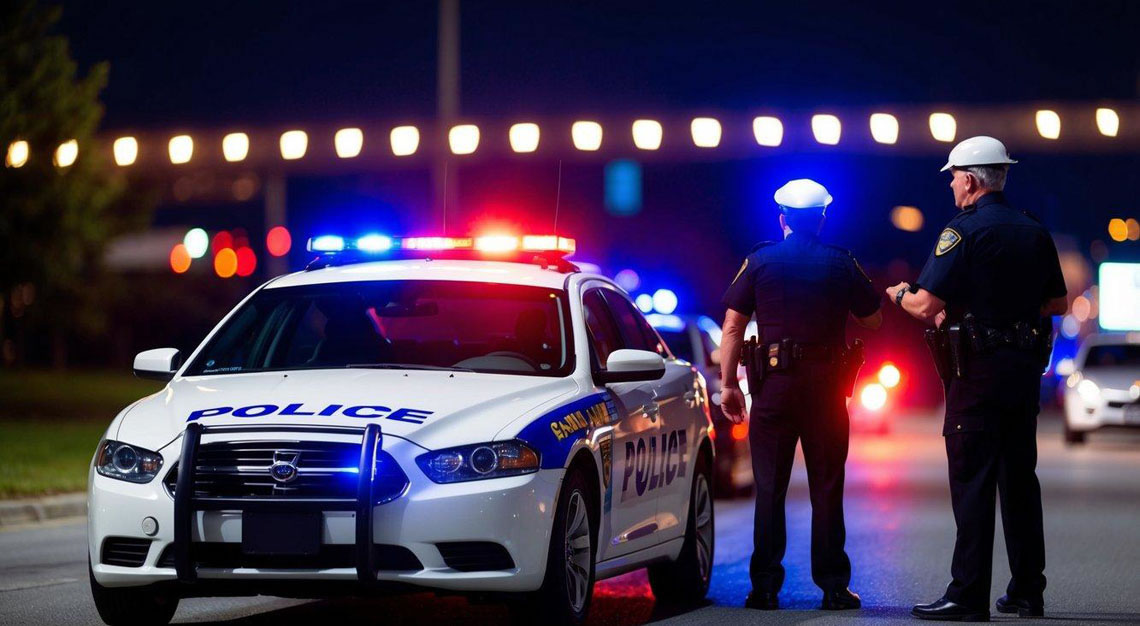 A car pulled over by police with flashing lights at night