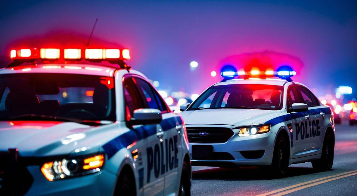 A car pulled over by police with red and blue lights flashing