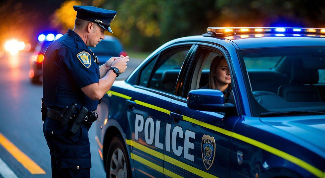 A car pulled over by a police officer on the side of the road at night, with the officer conducting a field sobriety test on the driver