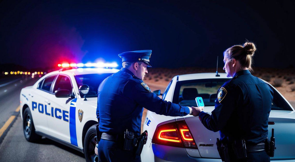 A person being pulled over by a police car on a desert highway at night, with flashing lights and a breathalyzer test being administered